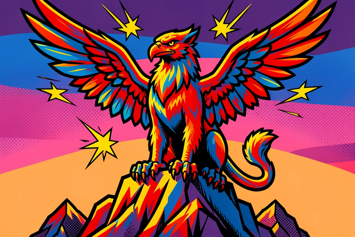 A griffin perched on a mountain peak at dawn