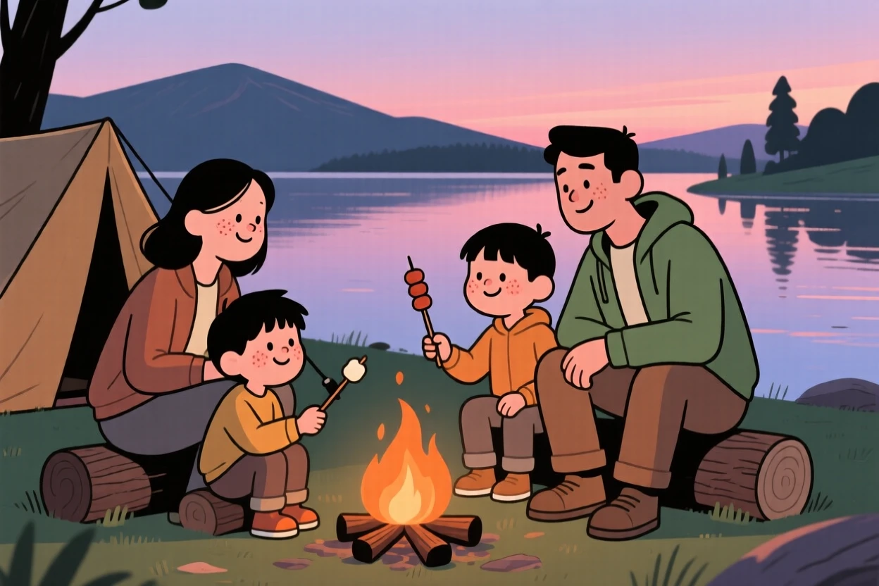 A family sets up camp beside a quiet lake as the evening glow fades behind the mountain ridge, sharing stories around a small fire.