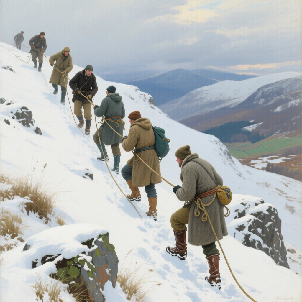 A grand panoramic scene of mountaineers roped together, ascending a snow-covered ridge, under a fresh blanket of winter snow, in the Scottish Highlands.