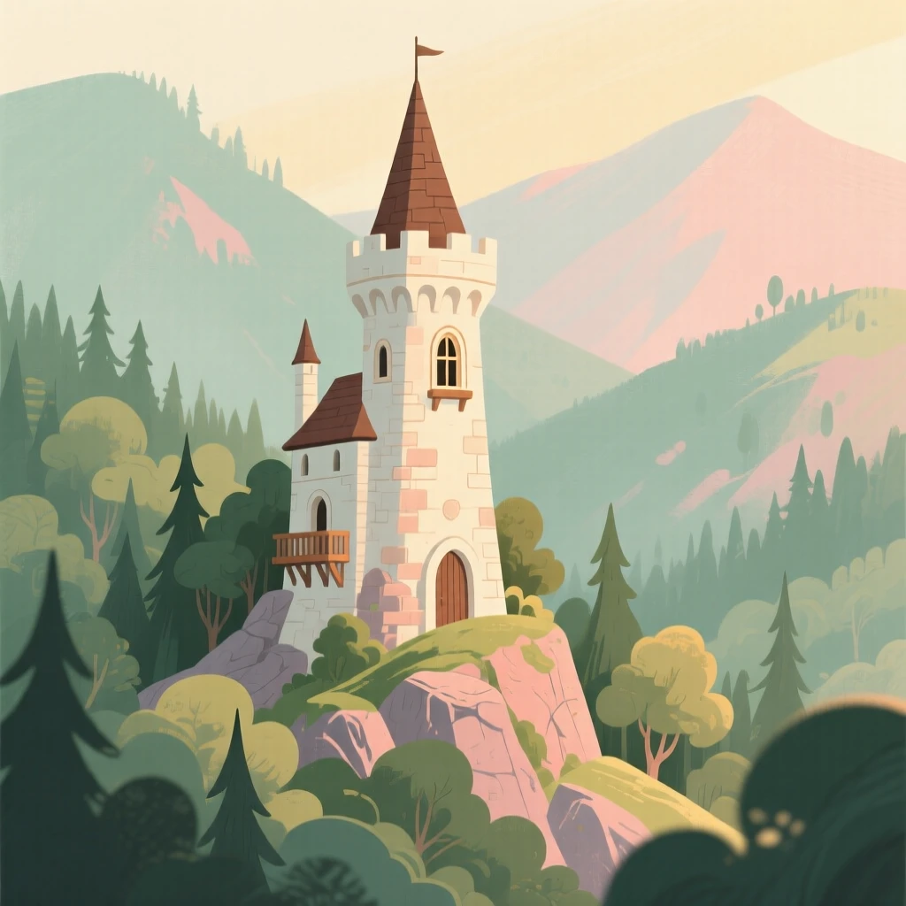 A fairytale turret rising from a forested mountainside castle