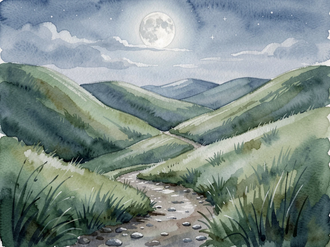 Rolling green hills under a full moon with a narrow dirt path leading into the distance.