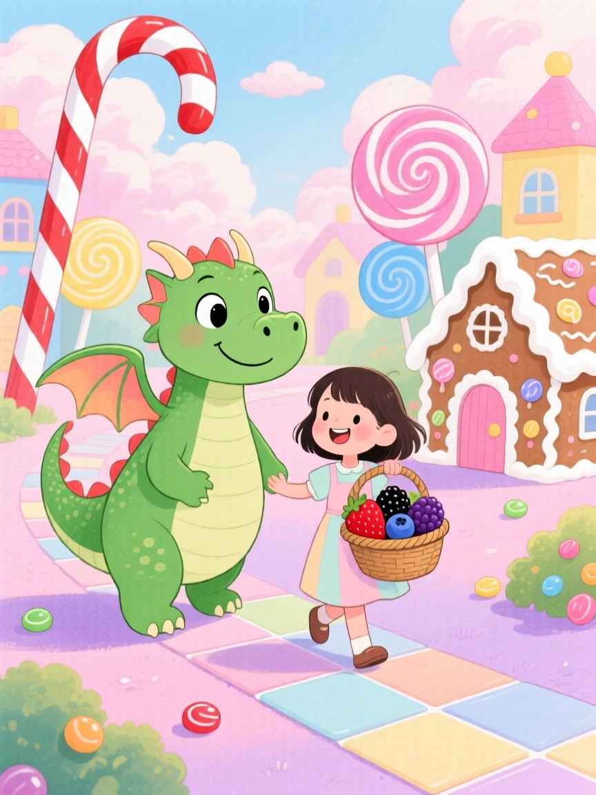 A friendly green dragon guiding a girl with a basket of berries through a candy-colored kingdom.
