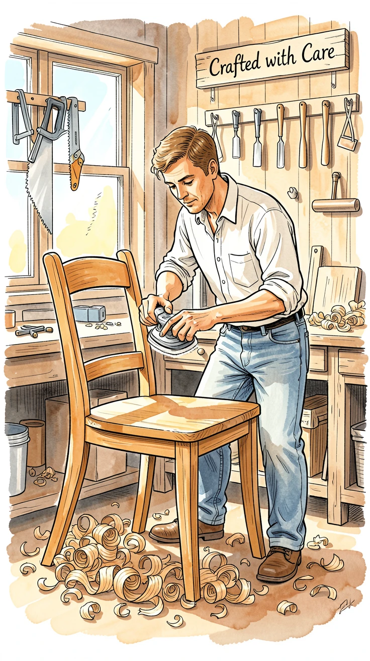 A carpenter sanding a handmade wooden chair in a workshop filled with curling shavings