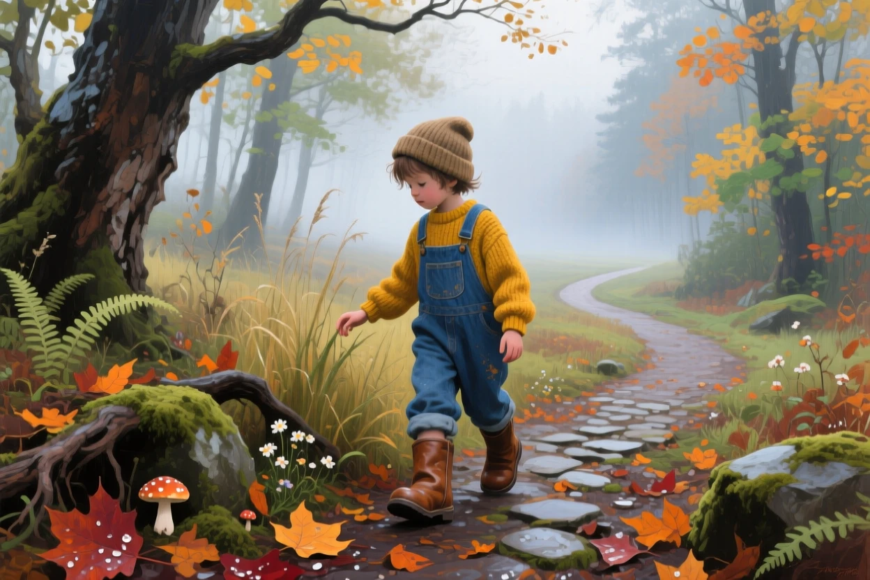 a child in boots following a woodland path, in early morning mist, with layered visual detail from foreground to horizon.