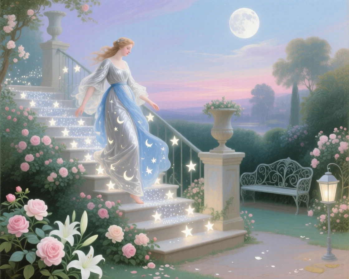 A moon goddess descending a staircase of stars toward a sleeping garden  