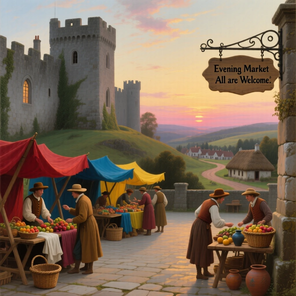 A group of merchants sets up stalls within the courtyard of a castle overlooking a quiet village as the sun sets behind the walls.