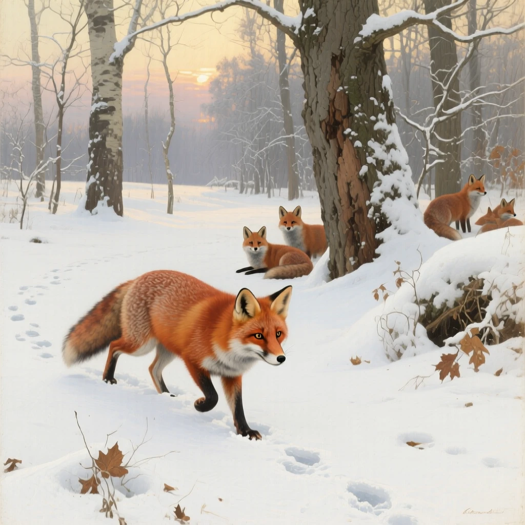 A red fox padding through a freshly snow-covered forest, as the rest of its family group remains close by, offering a striking, emotionally resonant wildlife portrait