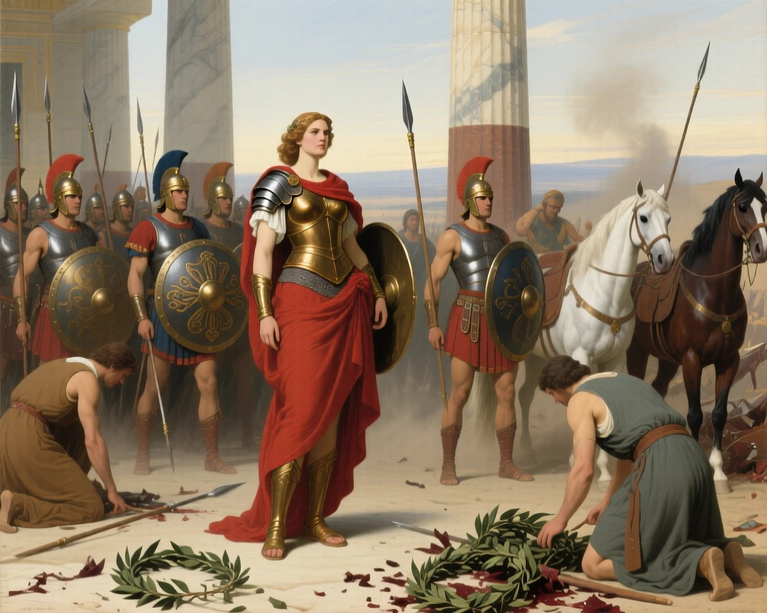 The Amazon queen Hippolyta leading her warriors into battle while onlookers lean forward in astonishment, set against the marble columns of an ancient temple, surrounded by kneeling attendants, war horses, and scattered laurel wreaths; the horizon splits the scene between earthly struggle and divine light, capturing the timeless clash of glory and mortality.