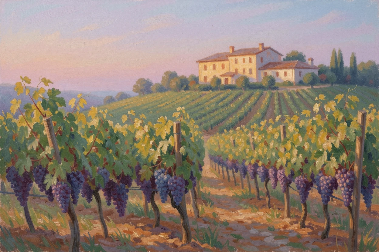 A vineyard at harvest time, rows of grapevines heavy with fruit stretching toward a hilltop villa bathed in evening light.