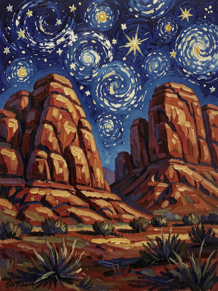 A quiet desert night, stars blazing above weathered red rock formations.