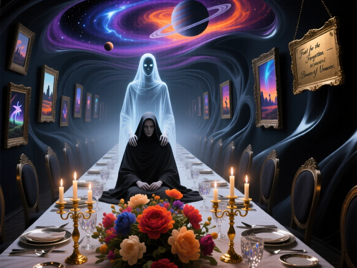 A figure sitting alone at a table set for a hundred guests drifts through a corridor lined with empty picture frames, while a second, ghostly version of them lingers behind.