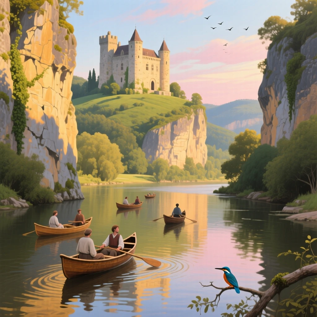 A tranquil river in the Dordogne winds beneath a hilltop medieval castle, canoes drifting lazily below, golden limestone cliffs rising on either side, small ripples or movement in the foreground giving the otherwise still setting a sense of quiet life.