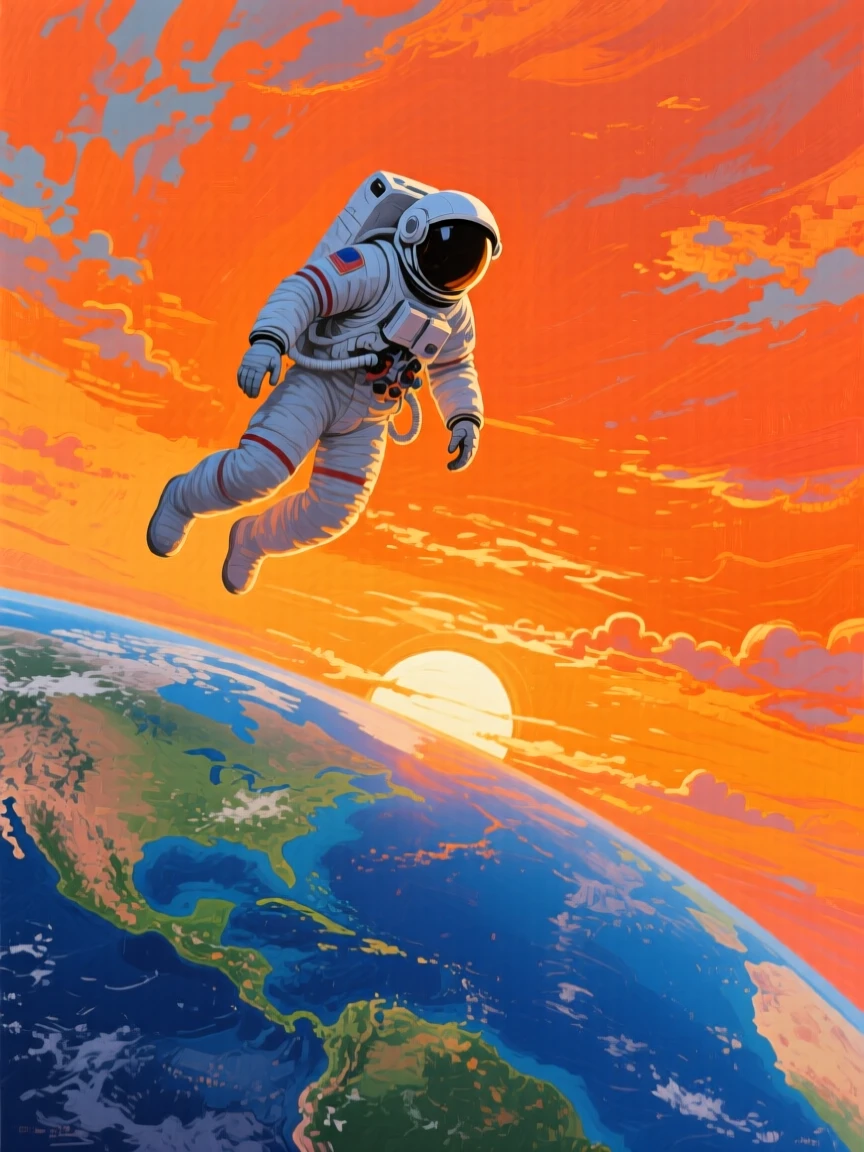 An astronaut floating above the curve of the Earth, sunrise igniting the atmosphere in brilliant orange