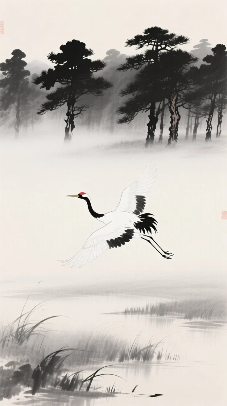 A single white crane takes flight above a misty marsh, with pine trees silhouetted on the horizon.