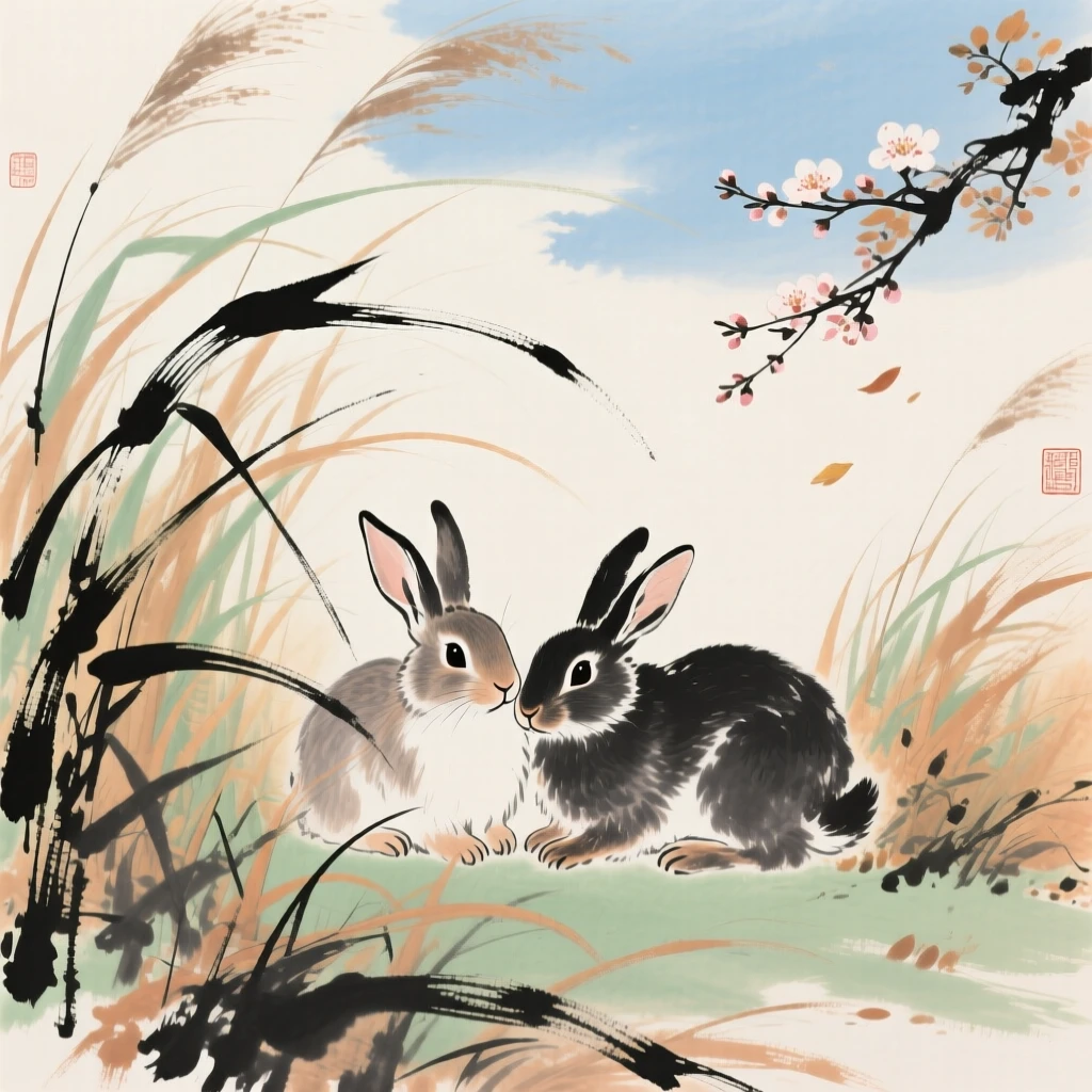 A pair of rabbits nestled among tall autumn grasses, in a warm breeze carrying the scent of blossoms, radiating gentle serenity.