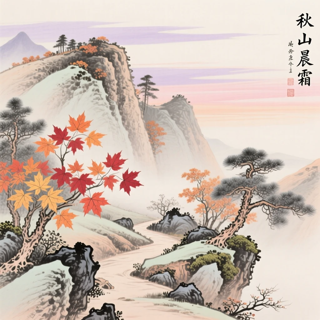 Maple leaves swirling in the wind along a mountain path in autumn, beneath a sky streaked with the colors of early morning