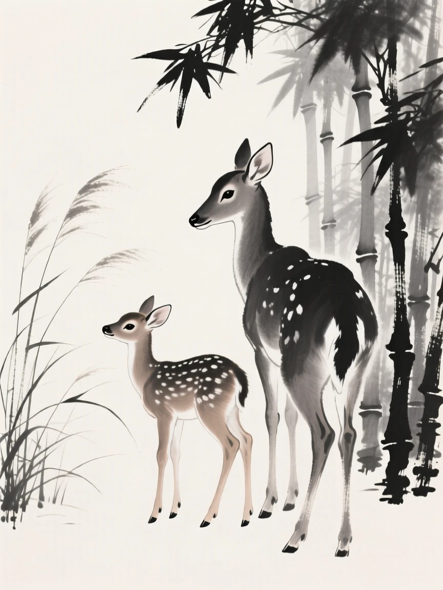 A young fawn beside its mother watching quietly from behind a stand of reeds through a bamboo thicket, captured in profile against a soft, empty background, conveying quiet strength and natural grace.