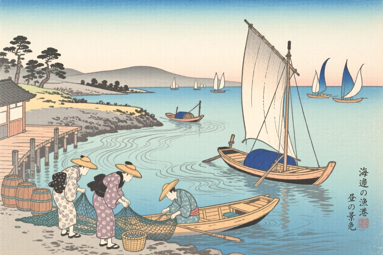 A curved fishing harbor with distant sails on the horizon, beneath a clear midday sky.