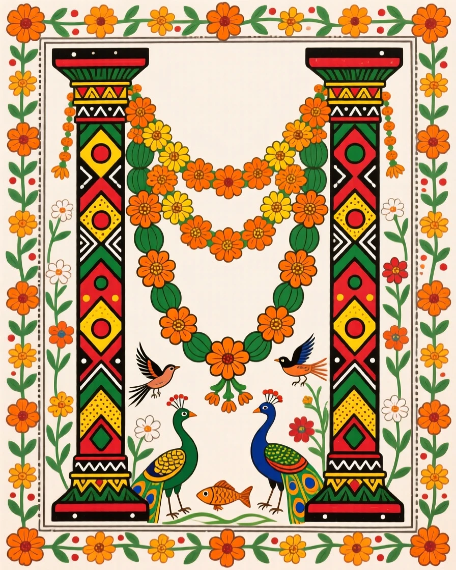 Bright marigold garlands strung between two poles for a festival.