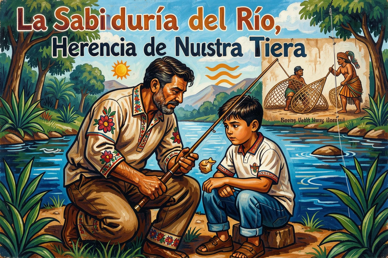 A father teaching his son to fish on a quiet riverbank