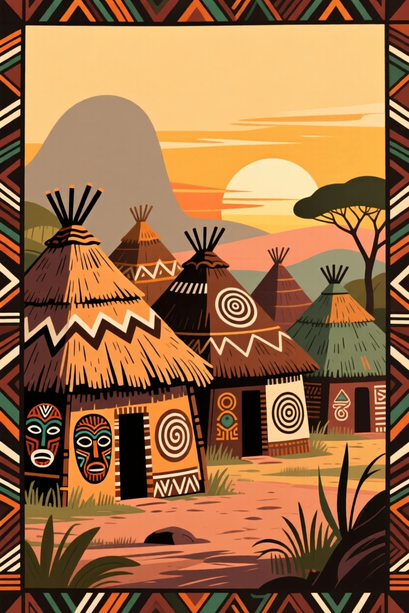 A cluster of thatched-roof huts glowing under a warm sunset.
