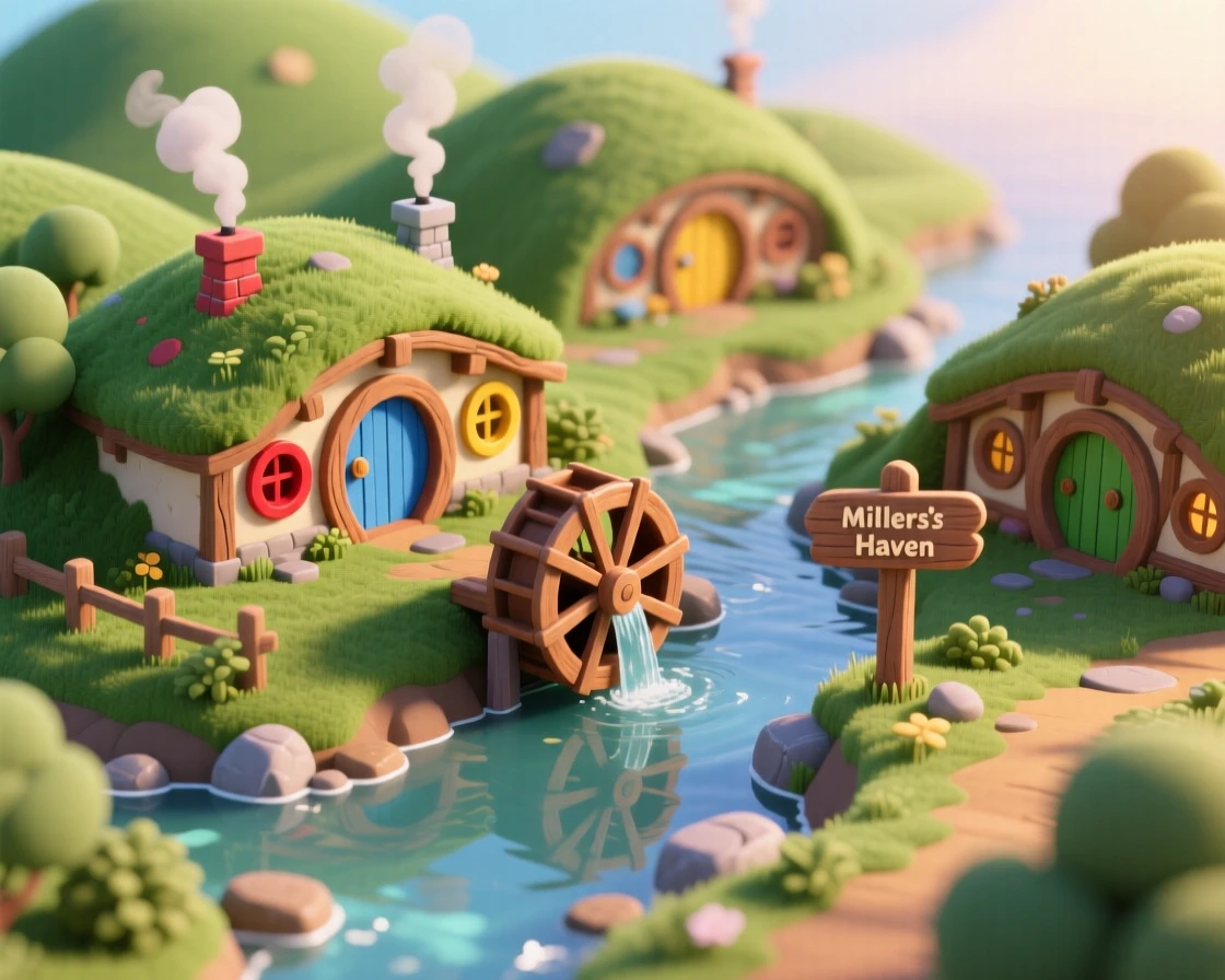 A hobbit-hole village built into a series of rolling green hills, with round doors, smoking chimneys hidden in the grass, and a mill turning by a stream.