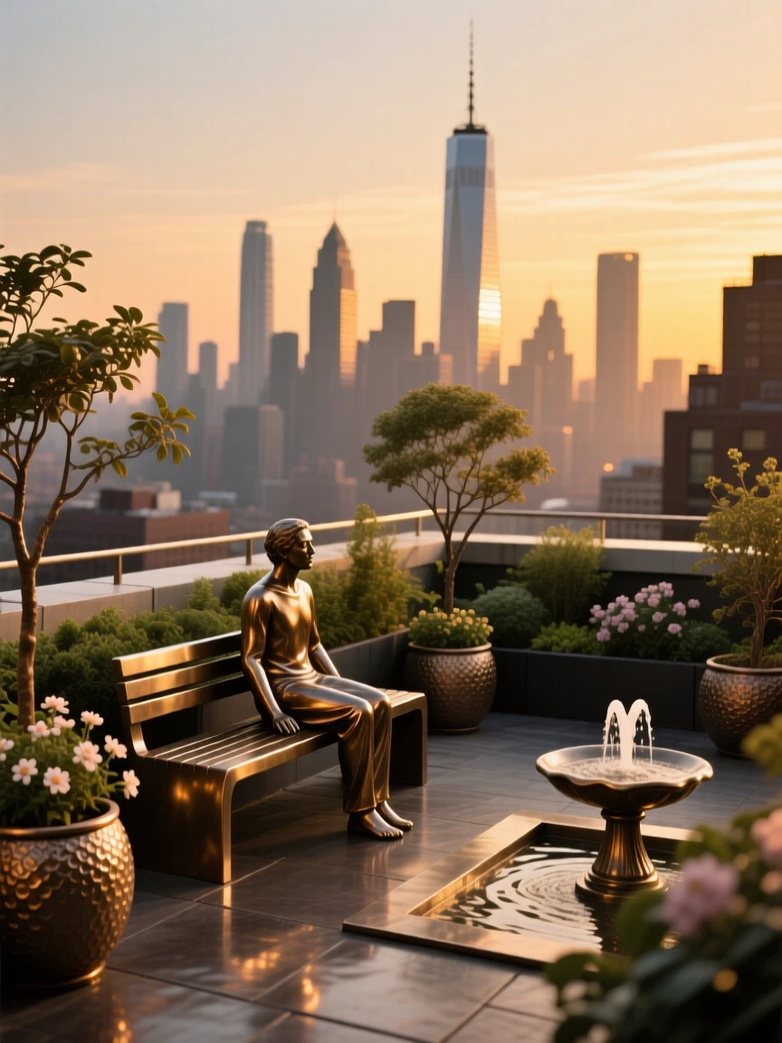 A tranquil rooftop garden overlooking a glowing city skyline at dusk, bathed in the warm hues of golden hour, offering a breathtaking sense of place