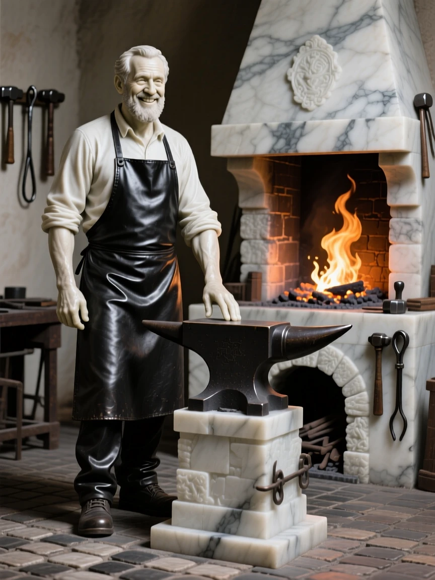 A tender portrait of a blacksmith at his forge, smiling warmly at the viewer, beside a crackling fireplace, evoking warmth and humanity