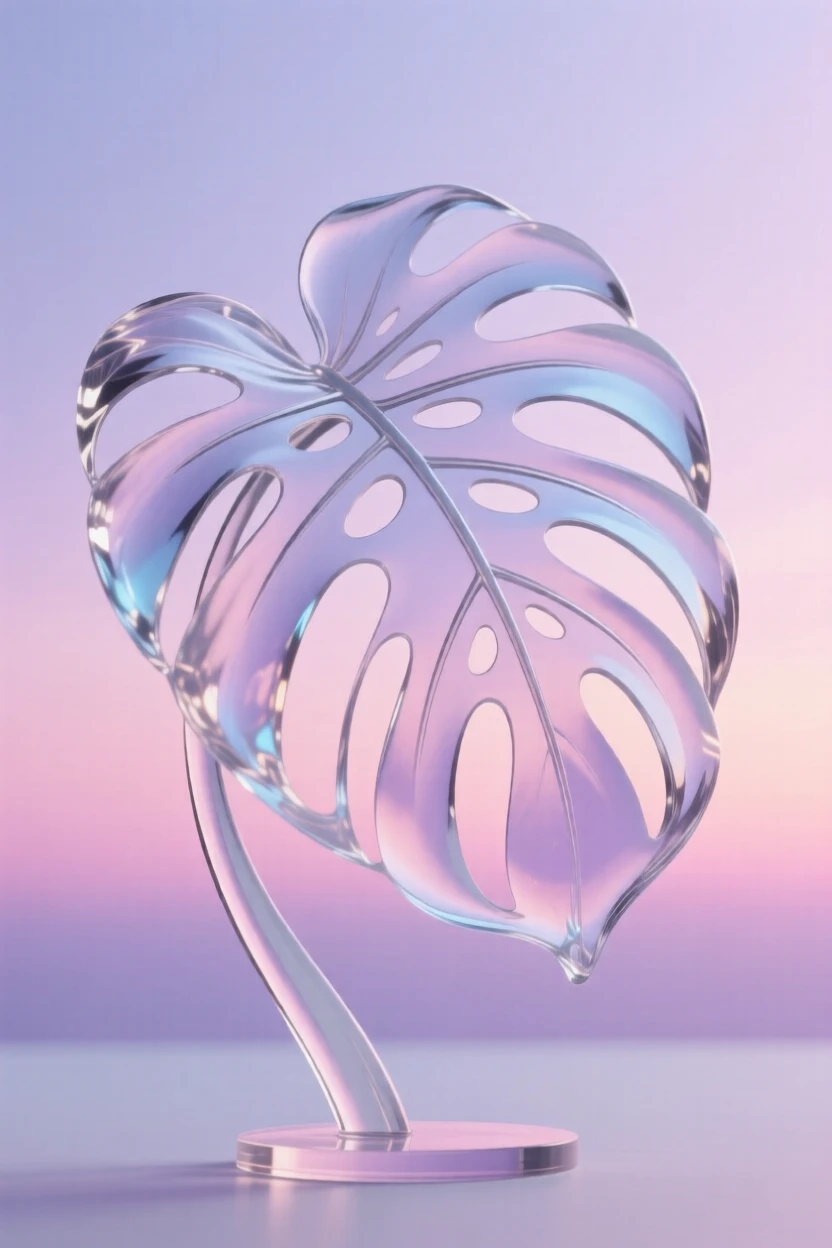 A monstera leaf with dramatic cuts swaying gently in a light breeze under a pastel sky at dusk, dreamy and peaceful atmosphere.