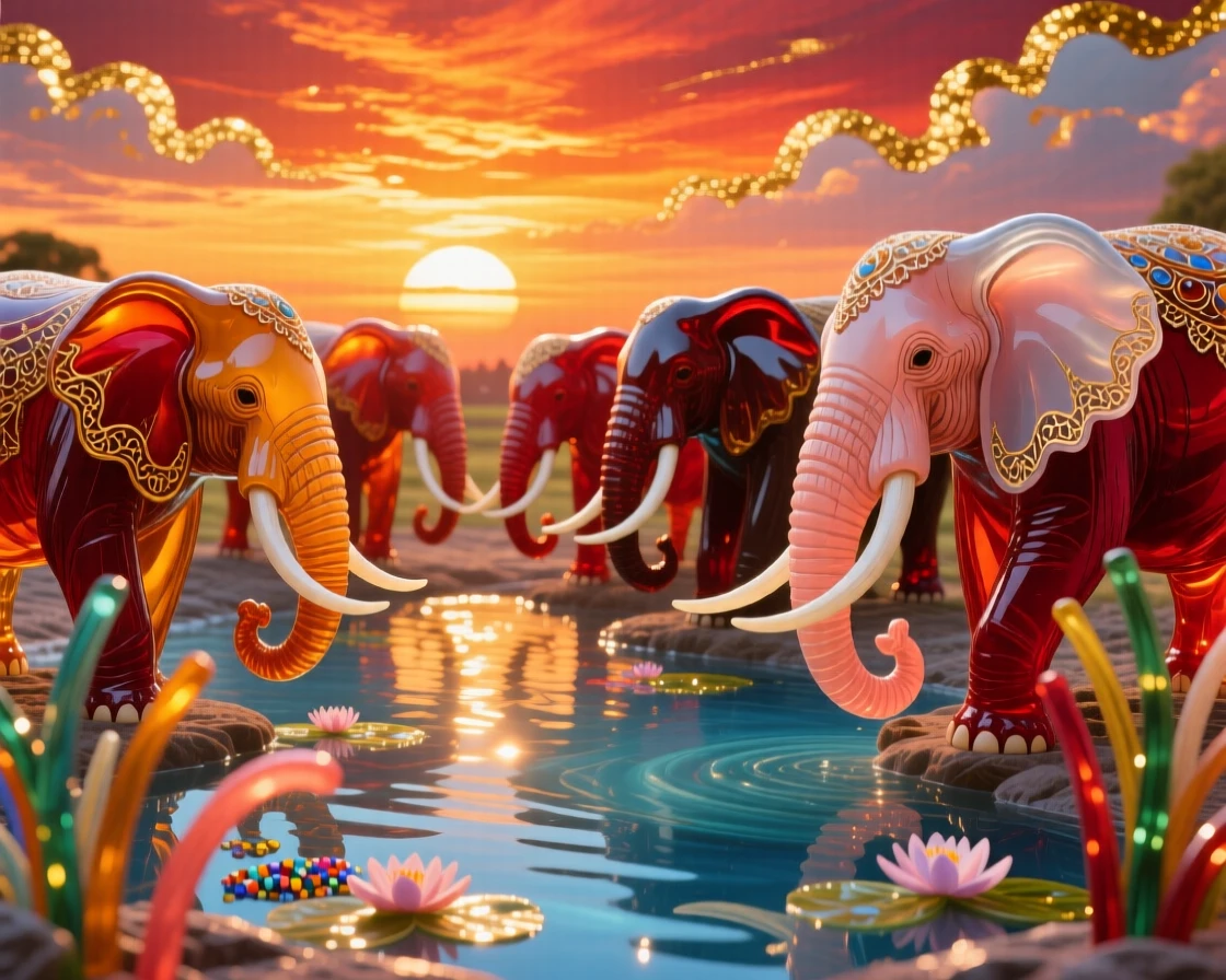 A herd of elephants gathering at a watering hole under a blazing sunset, communal and grand.