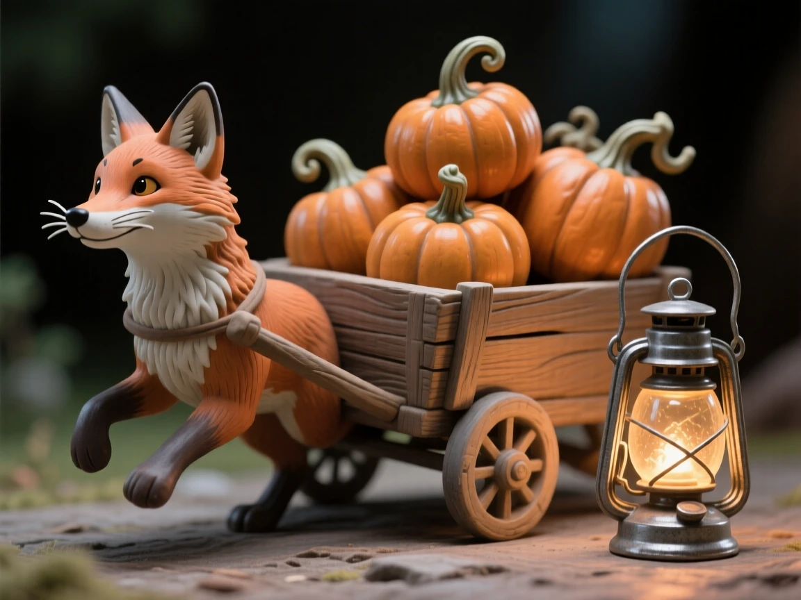 A fox pulling a small cart of pumpkins posed mid-adventure with playful energy, with warm lantern light glowing softly nearby, capturing the magic of imaginative make-believe.