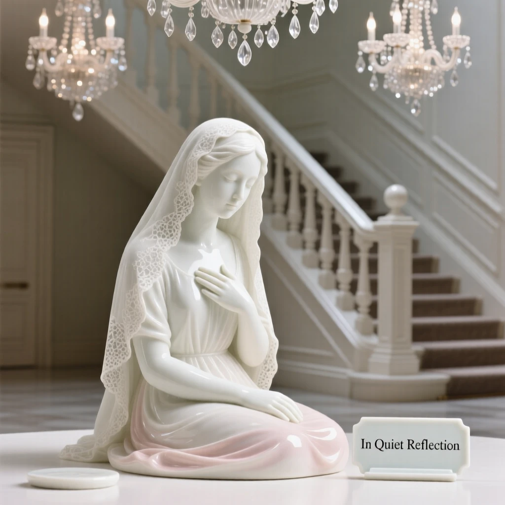 An artist seated in quiet contemplation, wearing a delicate lace veil, one hand resting gently over her heart, set against a grand staircase lit by chandeliers.