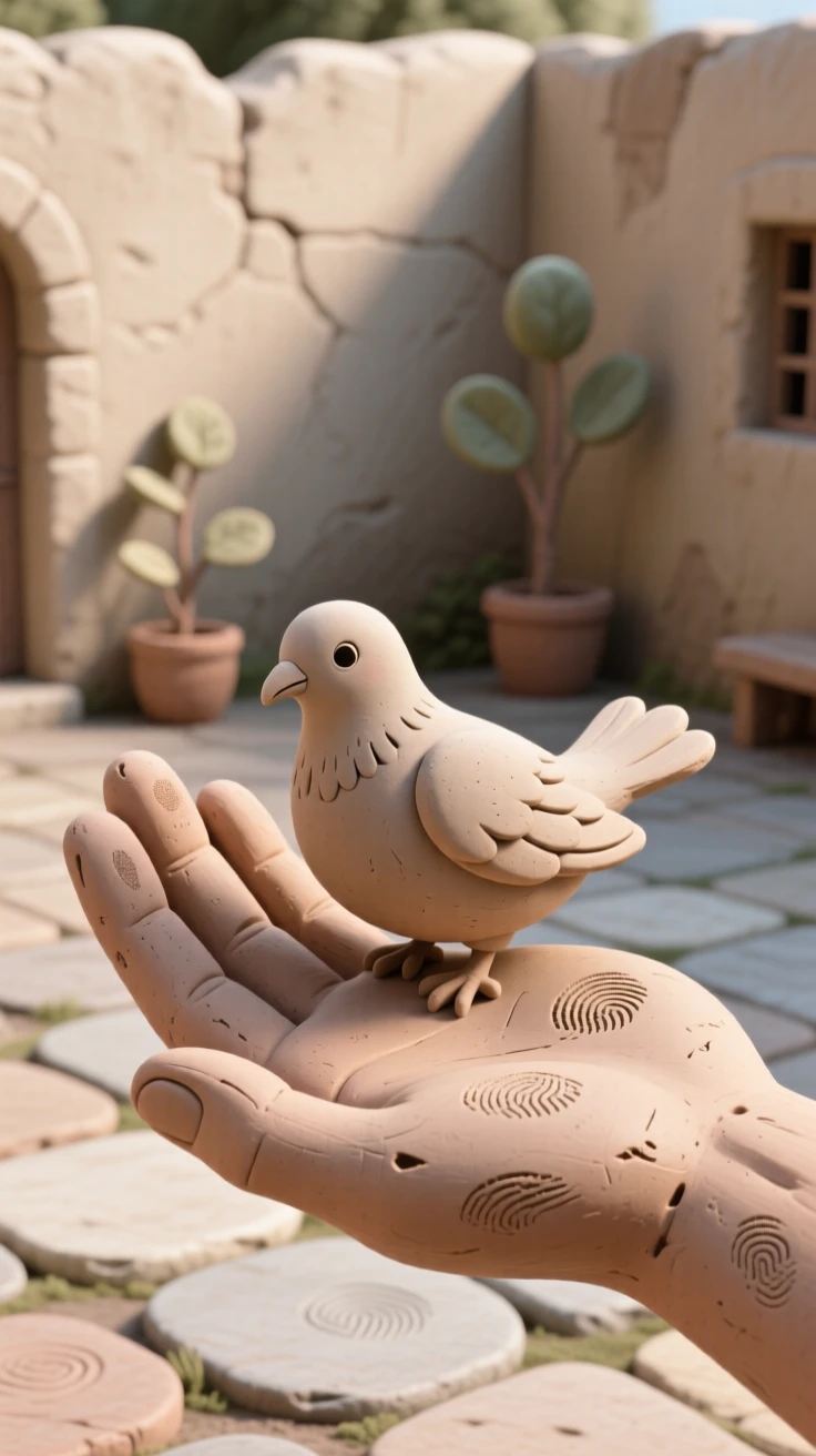 A dove landing gently on an open palm in a quiet courtyard