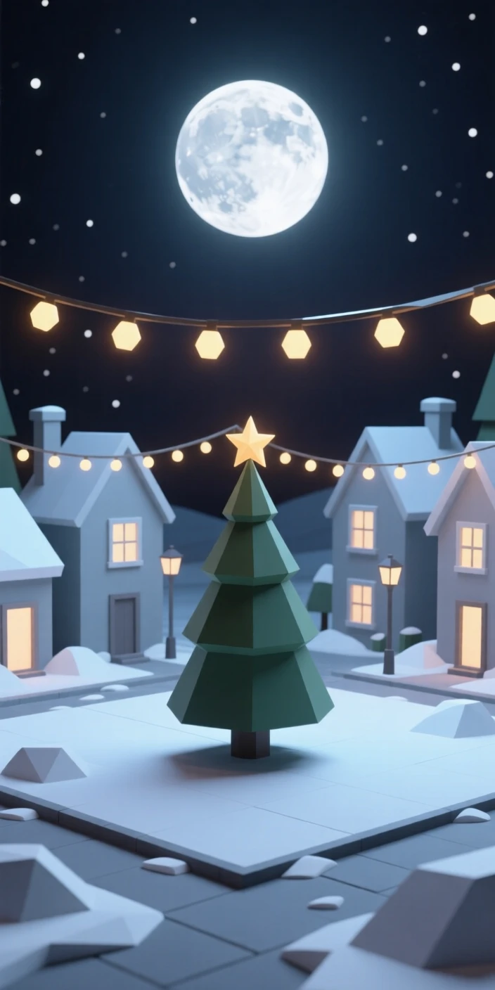 A quiet snowy village square lit with string lights, beneath a full harvest moon. the composition centers on the main celebratory focal point. There is a joyful, festive energy in the air.