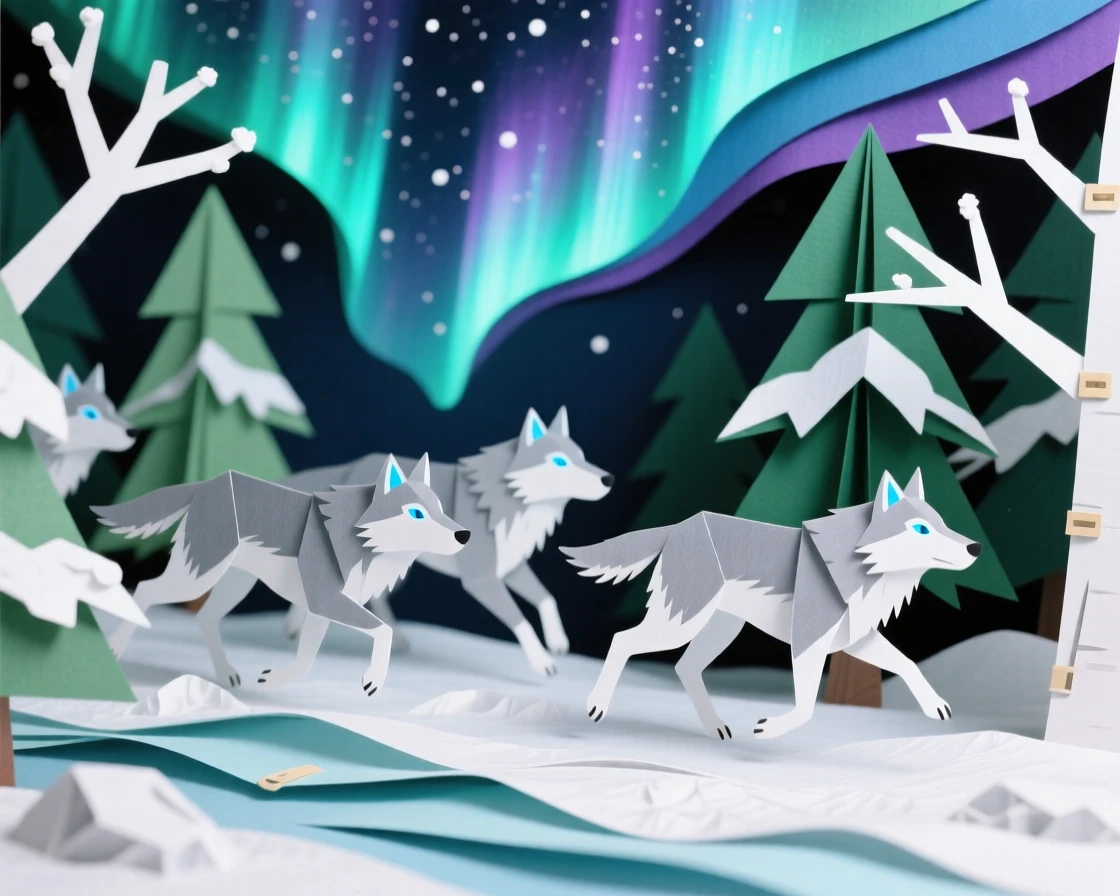 A pack of wolves with glowing blue eyes running through a snowy enchanted forest under the northern lights, evoking mystical wildness.