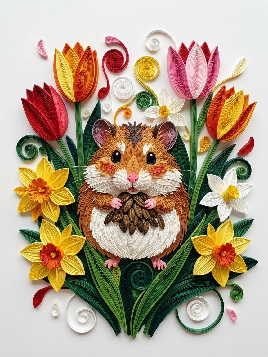 A heartwarming scene of a hamster stuffing its cheeks with sunflower seeds in a garden bursting with tulips and daffodils, arranged with the subject slightly off-center for balance, surrounded by drifting flower petals.