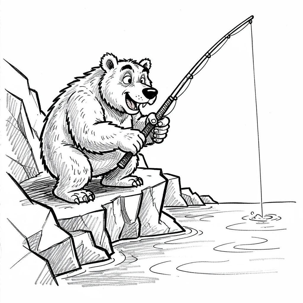 A grizzly bear fishing in a river on a rocky coastal cliff.
