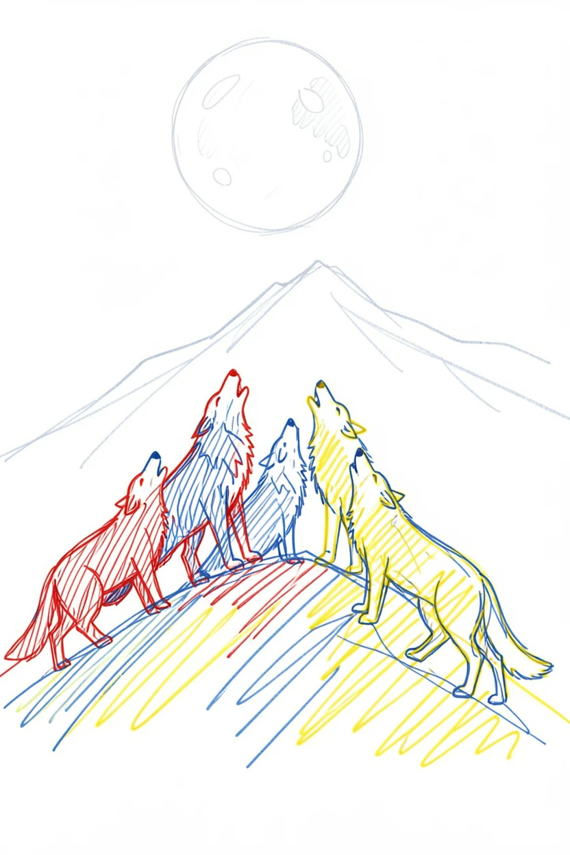 A pack of wolves howling together atop a snowy ridge under a full moon