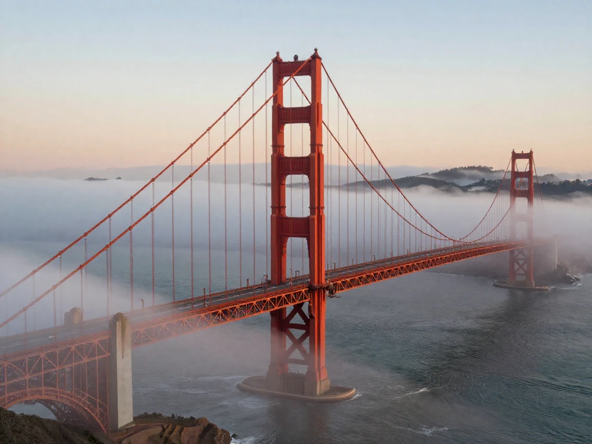 The Golden Gate Bridge emerging from rolling fog