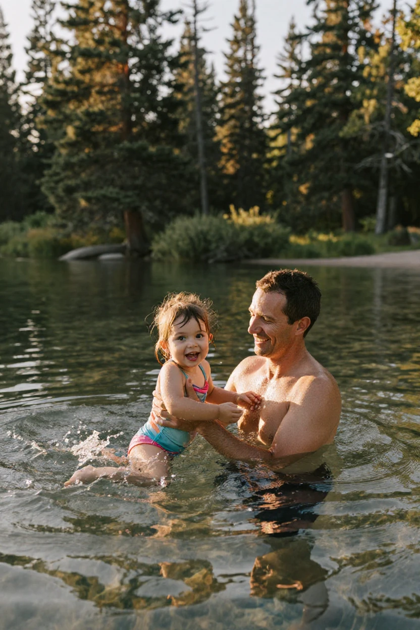 A father teaching his daughter to swim in a crystal clear lake surrounded by pines