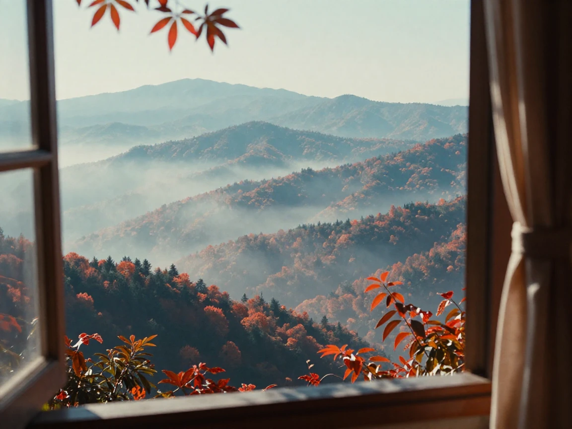 Layers of mountain ridges fading into blue haze on the horizon, in dappled light filtering through leaves, in thick rolling fog, in late autumn, in vivid coral and turquoise hues, viewed from across the room.