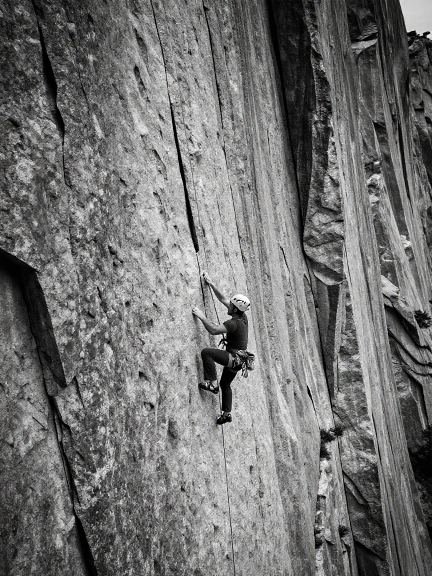 A climber scales a sheer granite cliff face on a towering granite cliff.