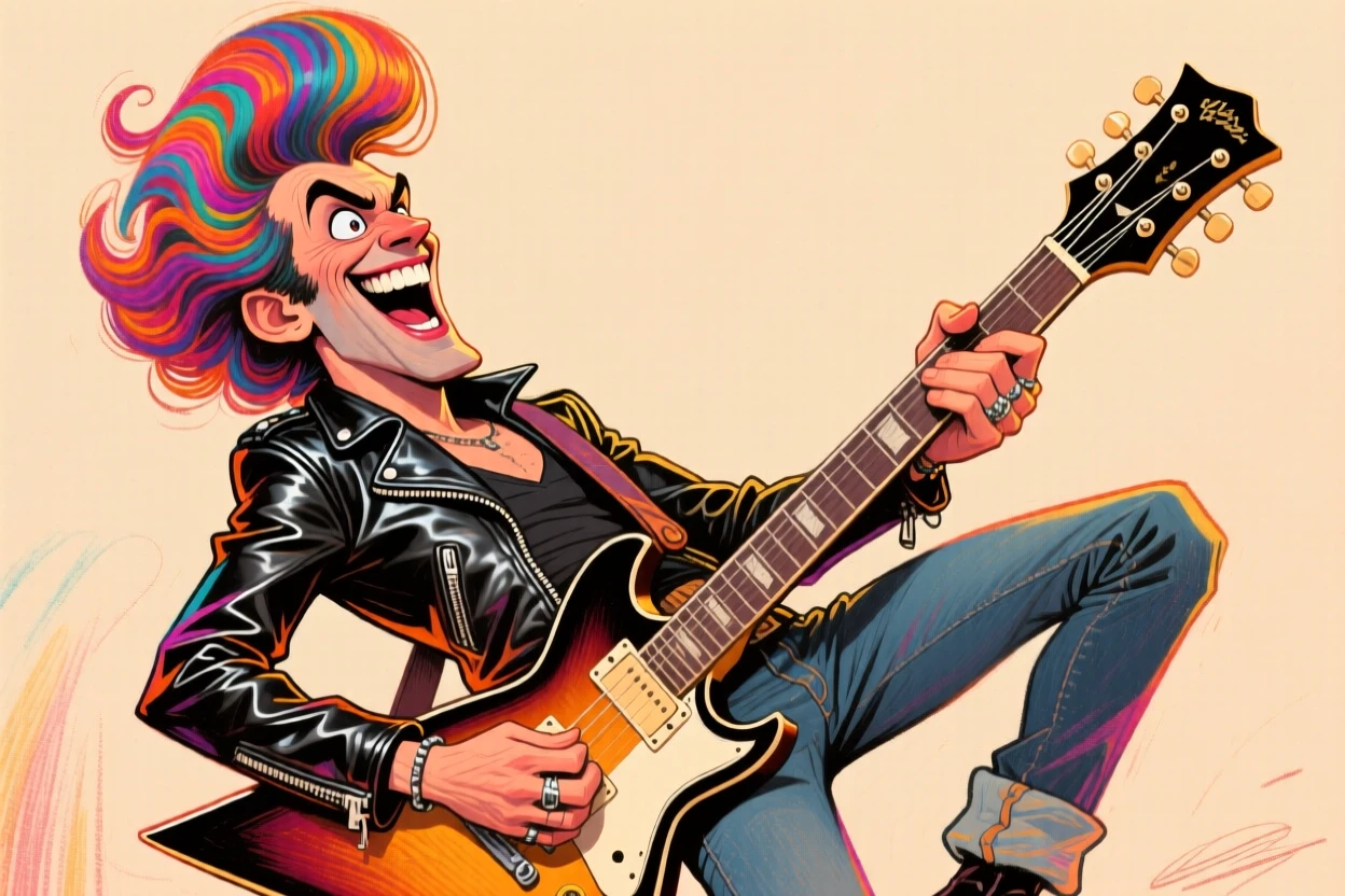 A legendary fictional rockabilly guitarist with a pompadour hairstyle, leaning back mid-solo.
