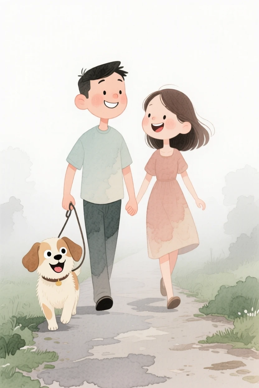 A couple celebrating their anniversary walking a dog together along a foggy trail
