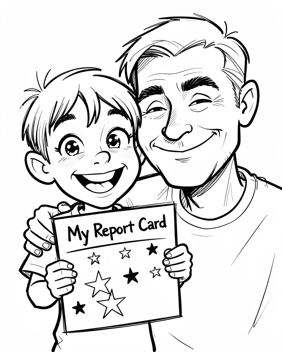 [Family & Relationship Moments] Heartwarming scene of a young boy proudly showing his dad a report card full of stars, radiating love and warmth