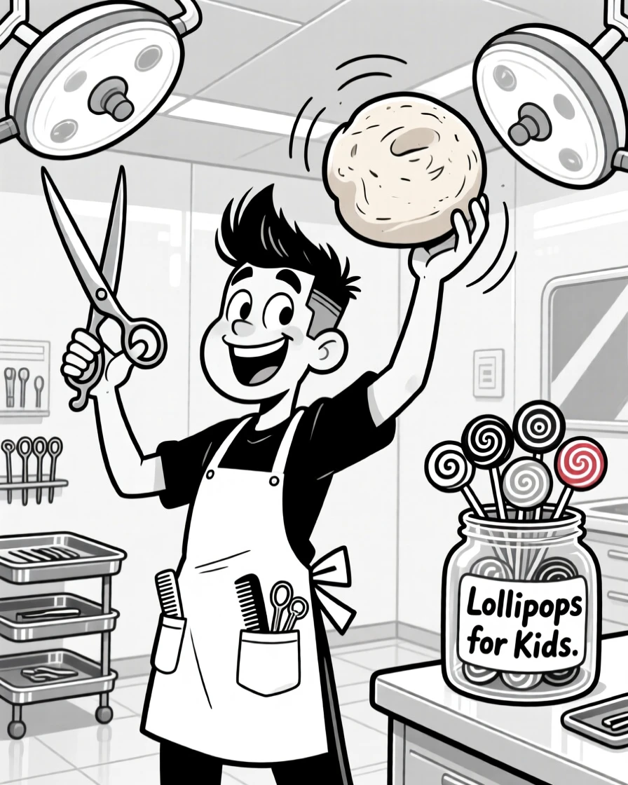 A stylish hairdresser wielding scissors like a sword, tossing a pizza dough high into the air, set in a sterile, gleaming operating room. A jar of lollipops sits on the counter for kids. It's a lighthearted tribute to a job well loved.