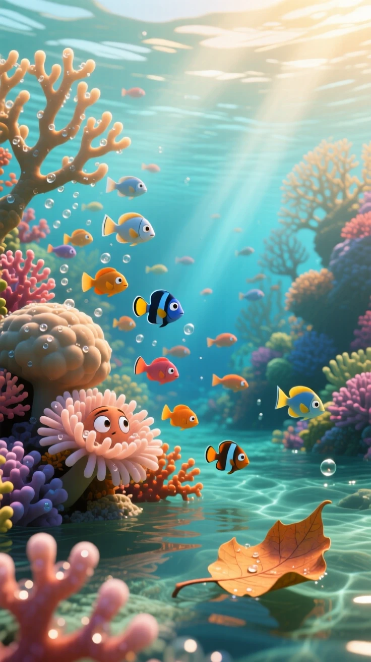 A coral reef teeming with fish glows as morning dew clings to every leaf and petal, with fallen leaves drifting slowly on the breeze. The mood is serene, vast, and quietly majestic.
