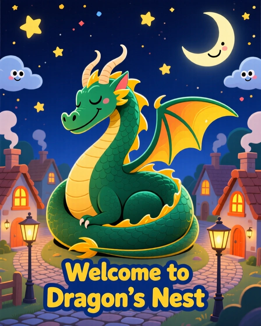 A dragon curled protectively around a sleeping village at night.