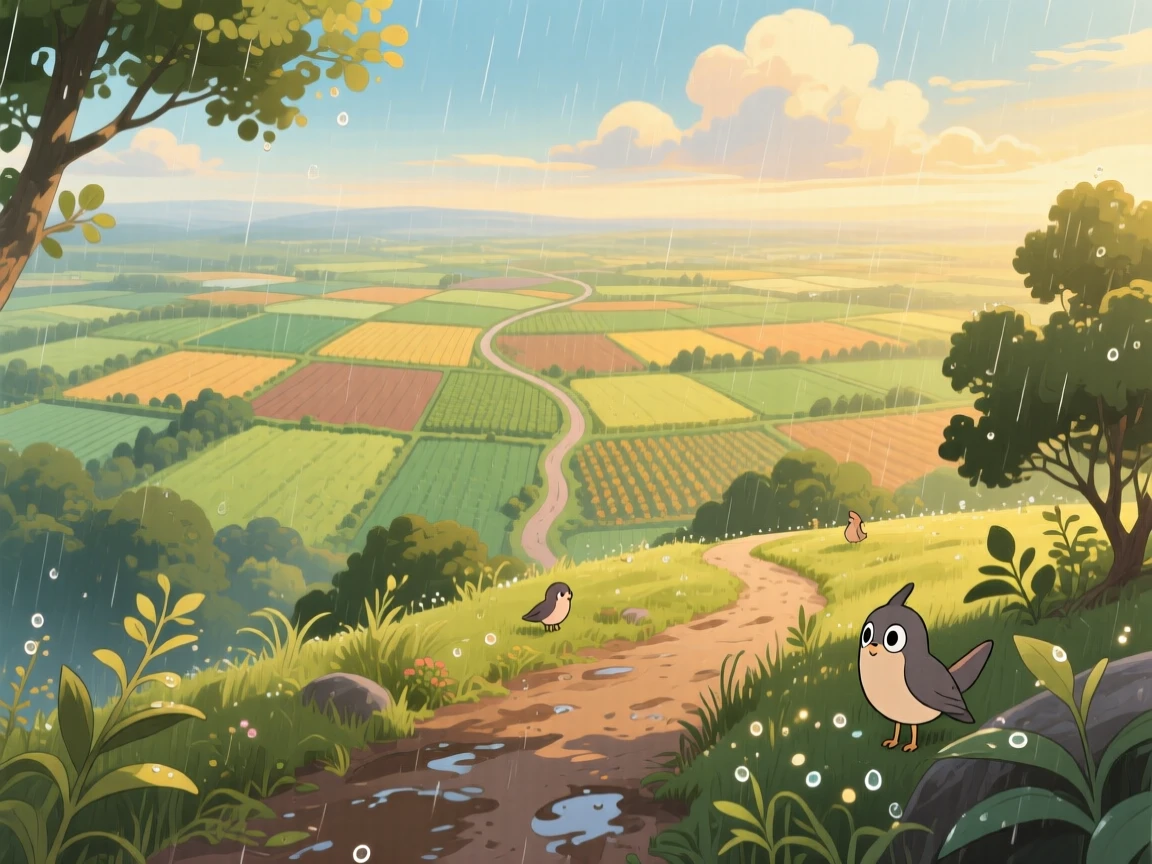 A breathtaking view of a patchwork of farmland seen from a hilltop, with a single winding dirt path leading into the distance, just after a rain shower, framed with a wide panoramic view.