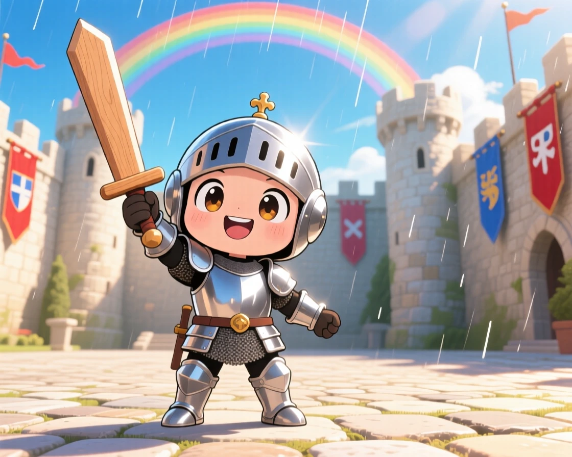 Full-body shot of a small knight in shining armor, raising a wooden practice sword triumphantly, in a sunlit castle courtyard, under a rainbow after the rain, illuminated by bright midday sun, radiating triumphant pride.